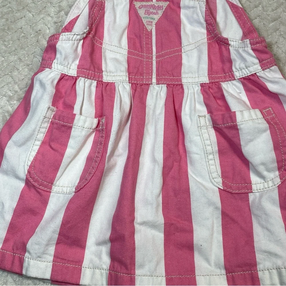 Oshkosh BGosh Y2K Pink White Stripe Dress Overalls Floral Embroidery Size 24 mos